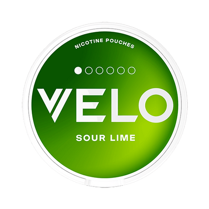 VELO Sour Lime Mini nicotine pouch can. Green and white design, all white mini pouch with sour lime flavor. Fresh and discreet.