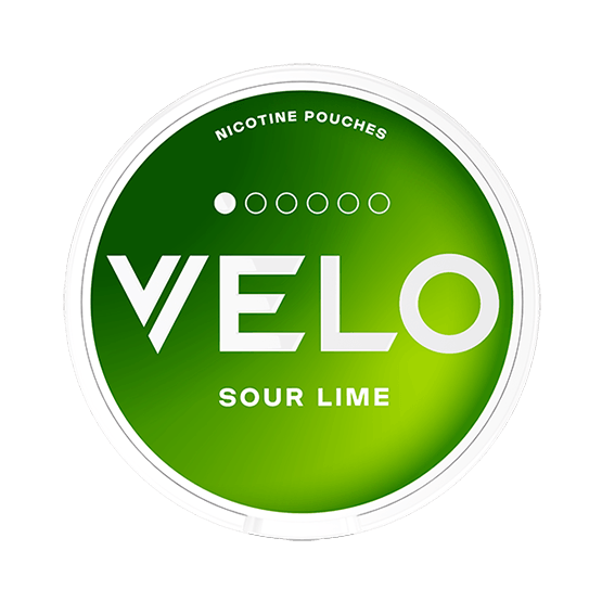 VELO Sour Lime Mini nicotine pouch can. Green and white design, all white mini pouch with sour lime flavor. Fresh and discreet.