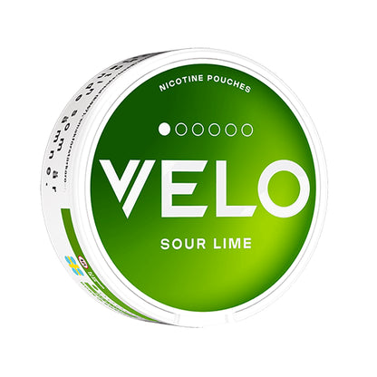 VELO Sour Lime Mini nicotine pouch can. Green and white design, all white mini pouch with sour lime flavor. Fresh and discreet.