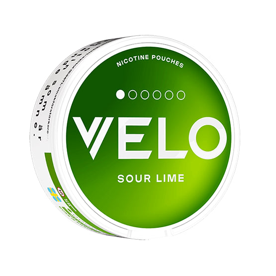 VELO Sour Lime Mini nicotine pouch can. Green and white design, all white mini pouch with sour lime flavor. Fresh and discreet.
