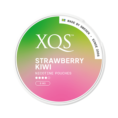 XQS Strawberry/Kiwi Slim nicotine pouch can. Colorful design, all white slim pouch with sweet strawberry and kiwi flavor. Fruity and fresh.