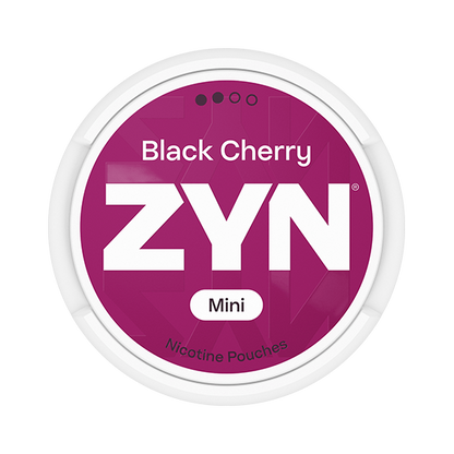 ZYN Black Cherry Mini S2 nicotine pouch can. Black and white design, all white mini pouch with sweet black cherry flavor. Discreet and fruity.