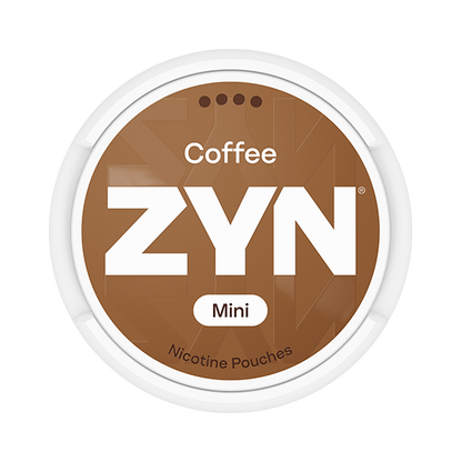ZYN Coffee Mini S4 nicotine pouch can. Brown and white design, all white mini pouch with strong coffee flavor. Discreet and energizing.