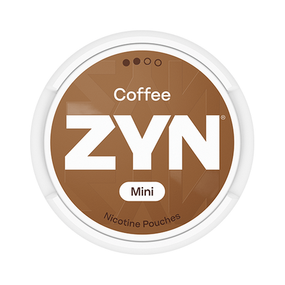 ZYN Coffee Mini S2 nicotine pouch can. Brown and white design, all white mini pouch with mild coffee flavor. Discreet and smooth.