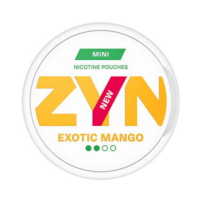 Close-up of ZYN Mini Exotic Mango all white nicotine pouch can. Mini format, sweet exotic mango taste, perfect for discreet use.